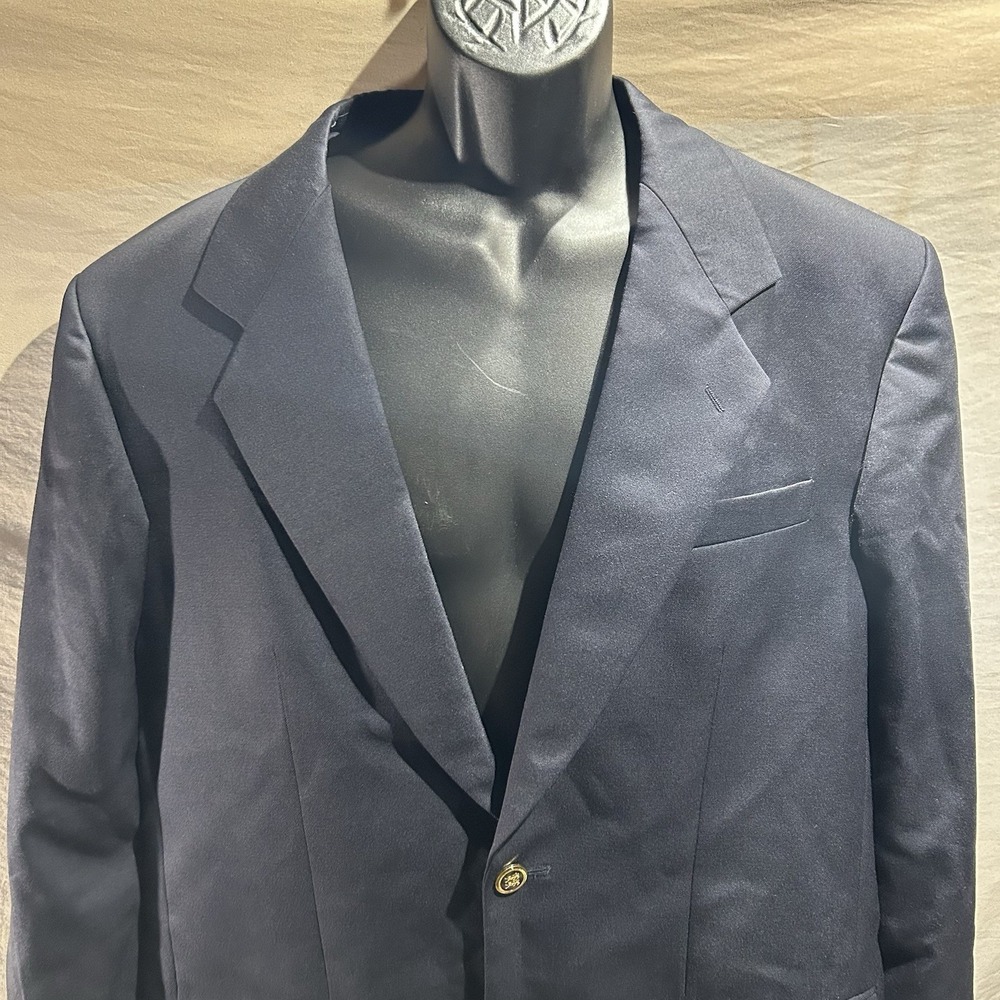 Vintage Mens 42L Navy Blue Pure Wool Blazer Gold Crest Button Sport Coat Africa
